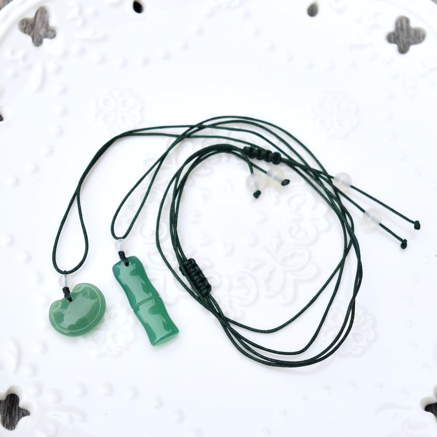 Green Agate Gourd Bamboo Pendant Rope Necklace