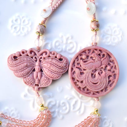 Pink Butterfly Phoenix Pendant Keychain Bag Charm - Pink Jasper