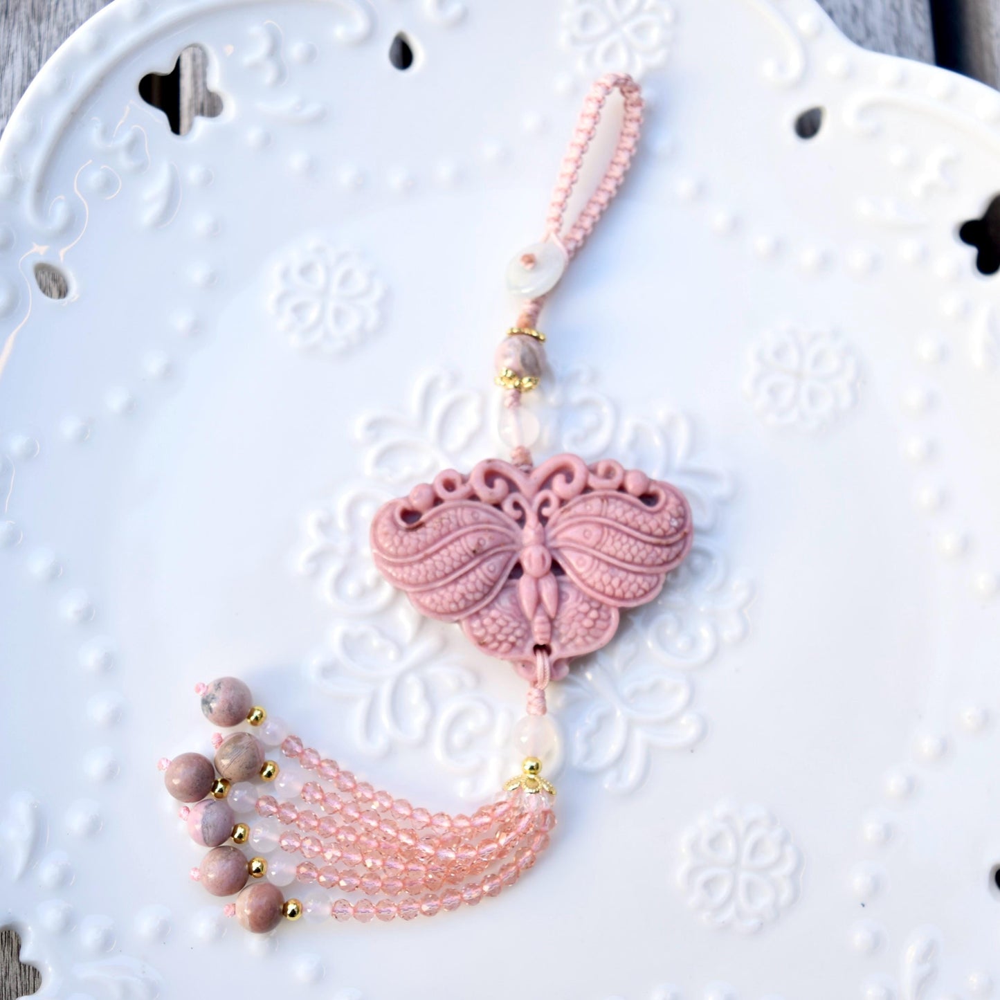 Pink Butterfly Phoenix Pendant Keychain Bag Charm - Pink Jasper