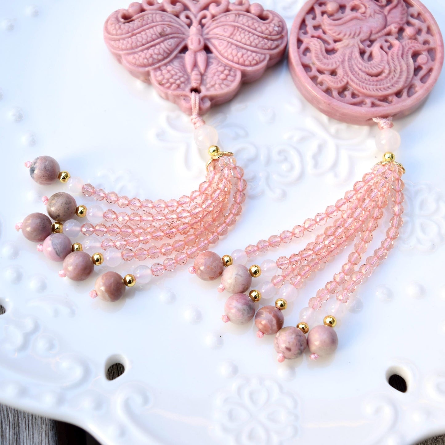 Pink Butterfly Phoenix Pendant Keychain Bag Charm - Pink Jasper