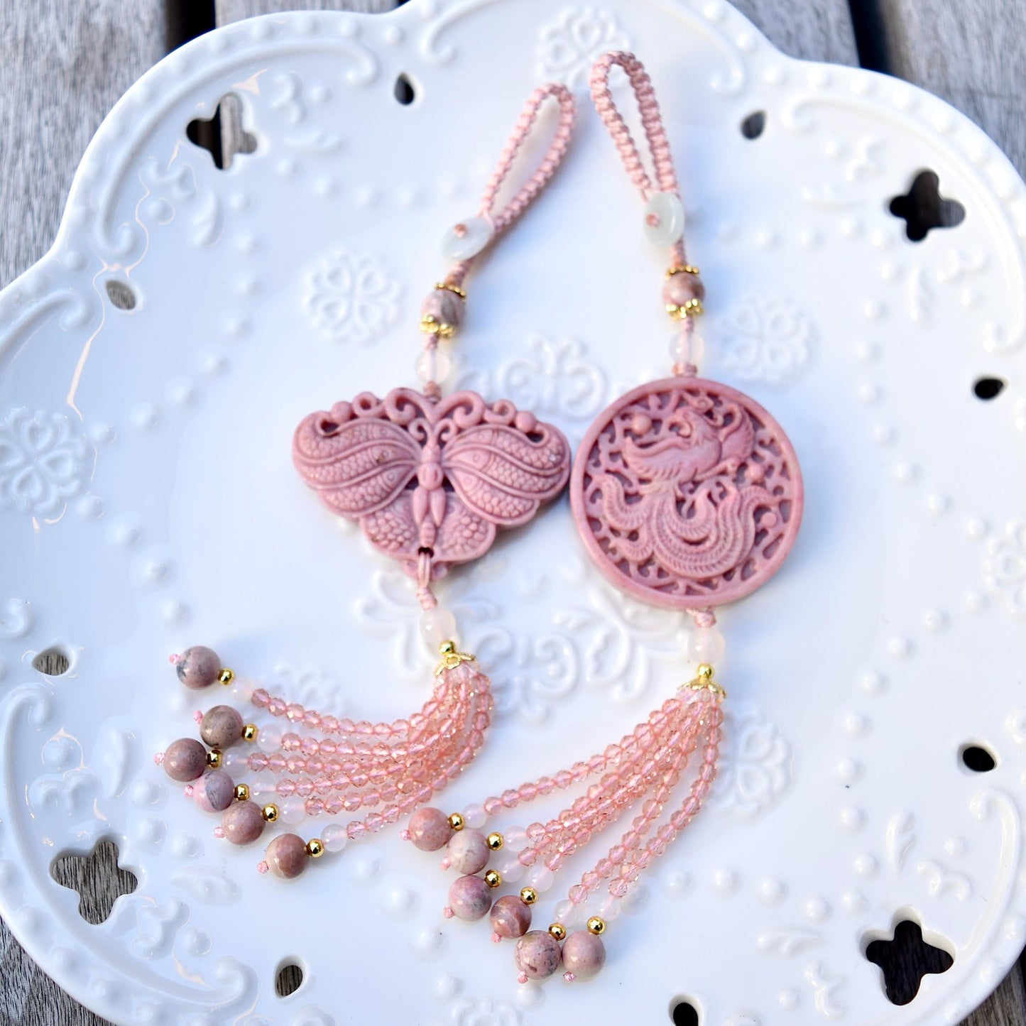 Pink Butterfly Phoenix Pendant Keychain Bag Charm - Pink Jasper