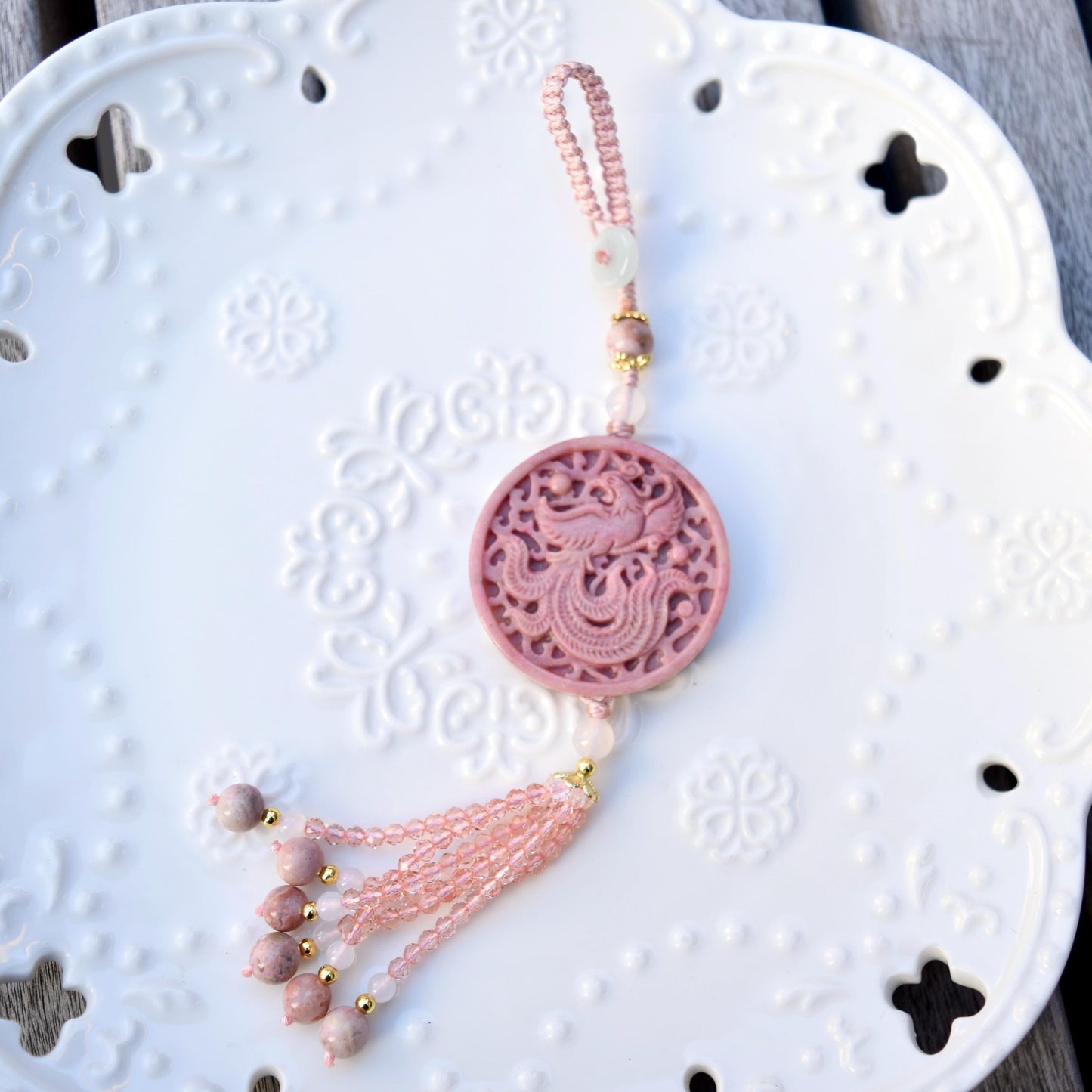 Pink Butterfly Phoenix Pendant Keychain Bag Charm - Pink Jasper