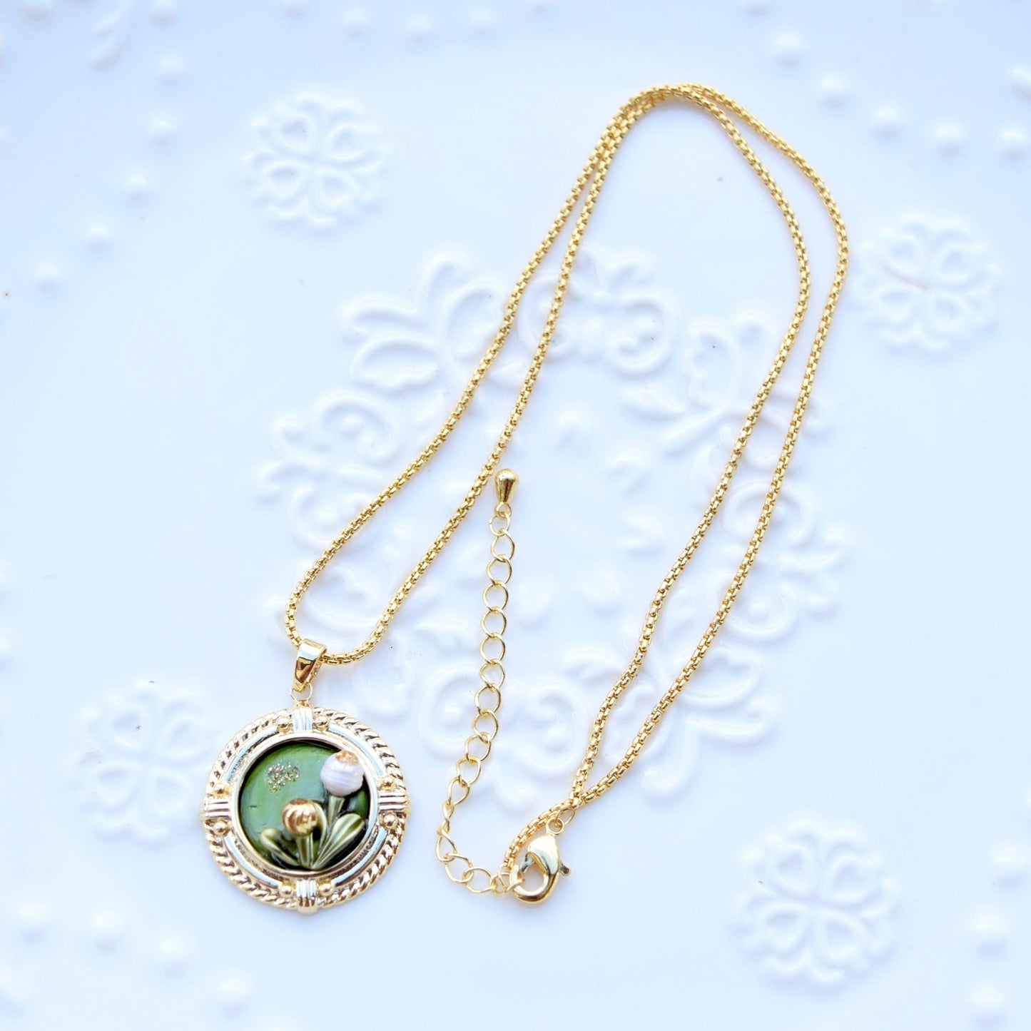 Green Enamel Pearl Flora Jewelry Set - Oil Painting Style