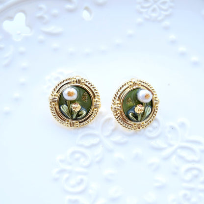 Green Enamel Pearl Flora Jewelry Set - Oil Painting Style