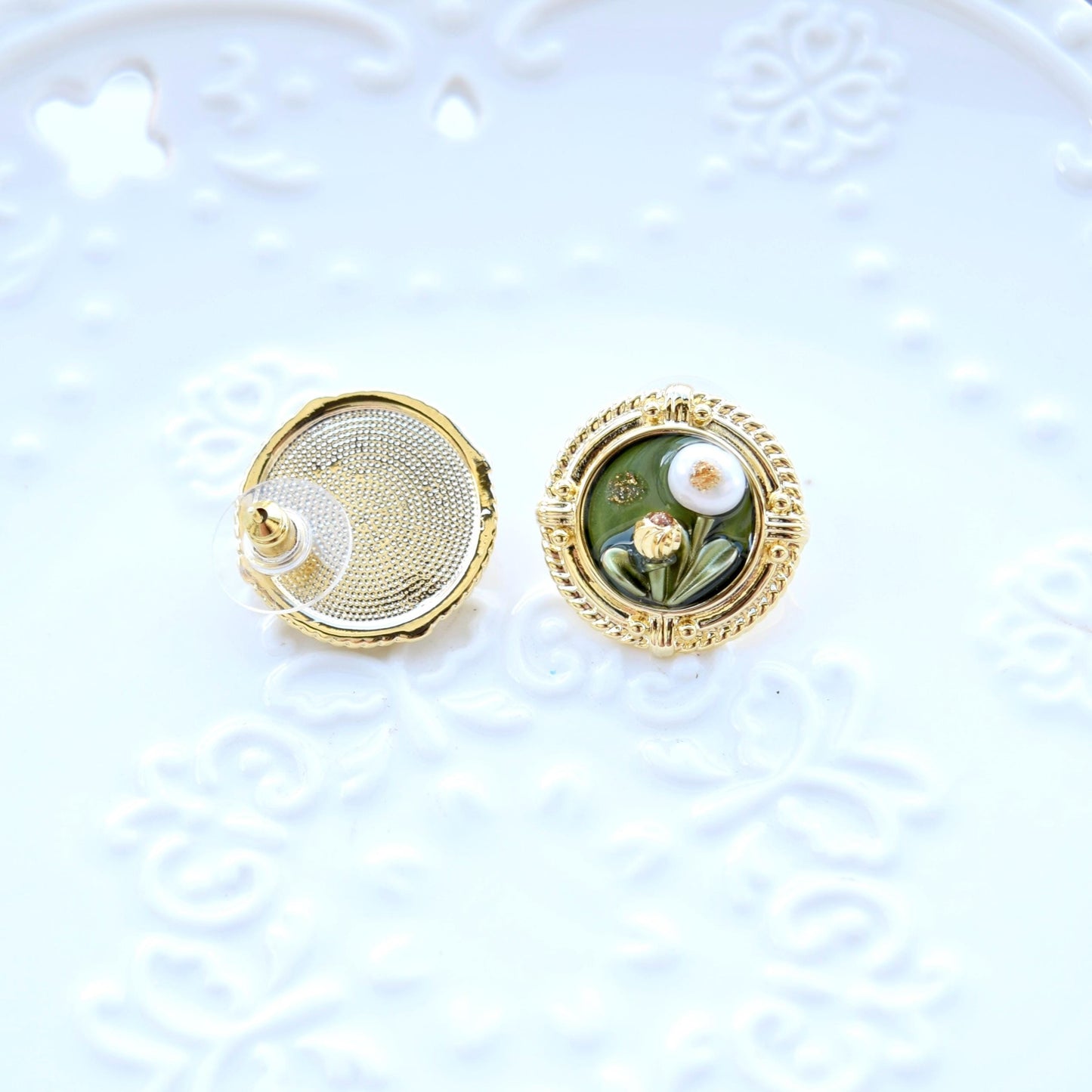 Green Enamel Pearl Flora Jewelry Set - Oil Painting Style