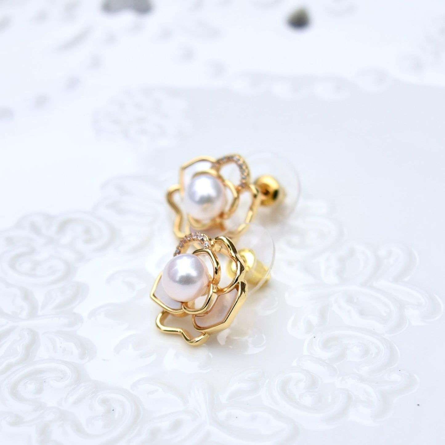 White Camellia Stud Earrings - Freshwater Pearl Earrings