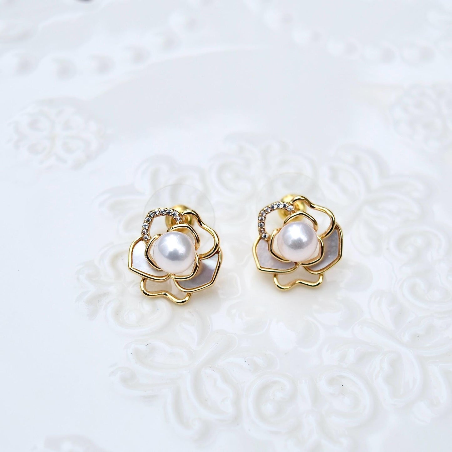 White Camellia Stud Earrings - Freshwater Pearl Earrings