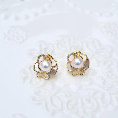 White Camellia Stud Earrings - Freshwater Pearl Earrings