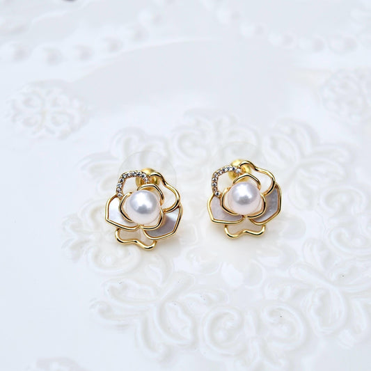 White Camellia Stud Earrings - Freshwater Pearl Earrings