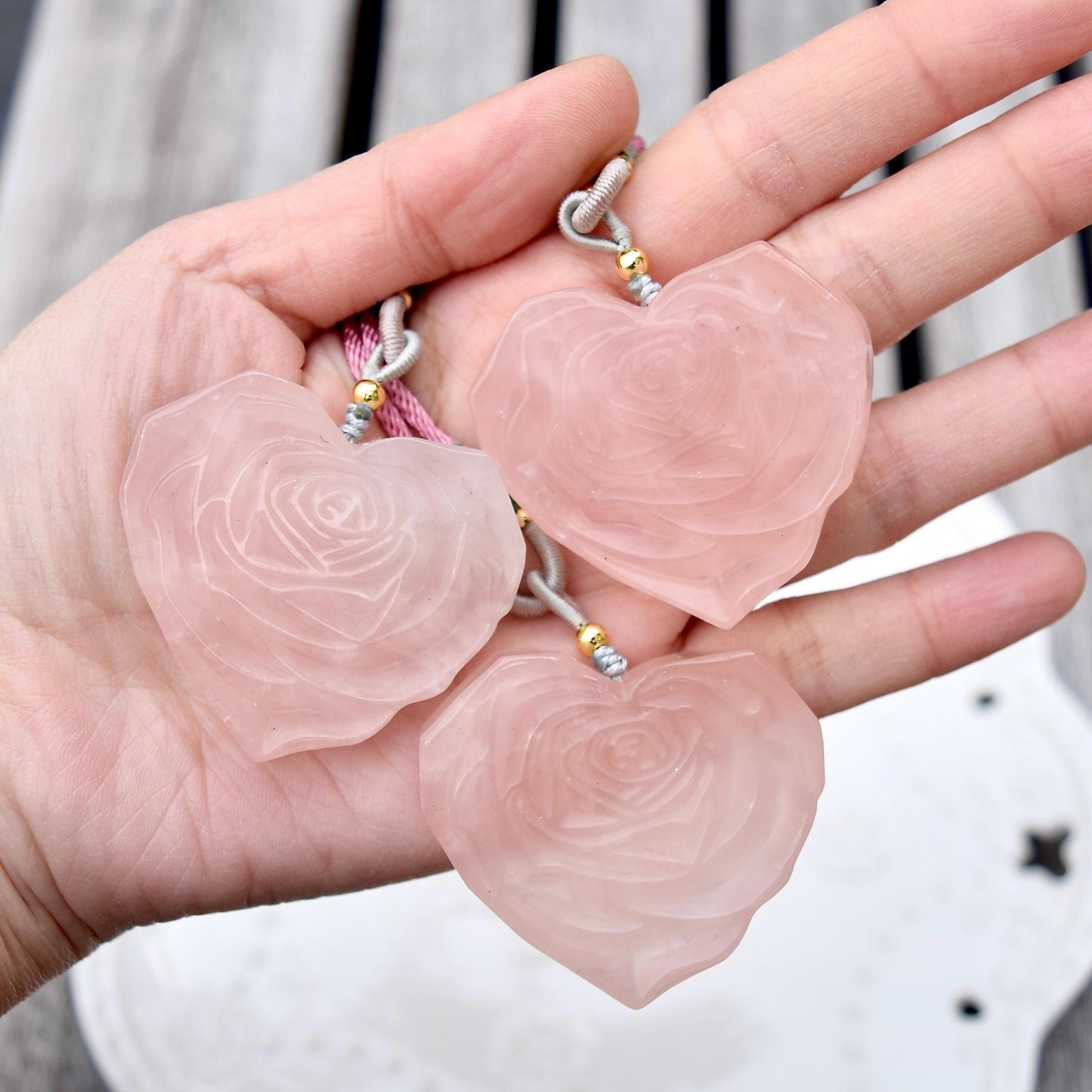 Rose Quartz Heart Rose Pendant Necklace - Jade Cord