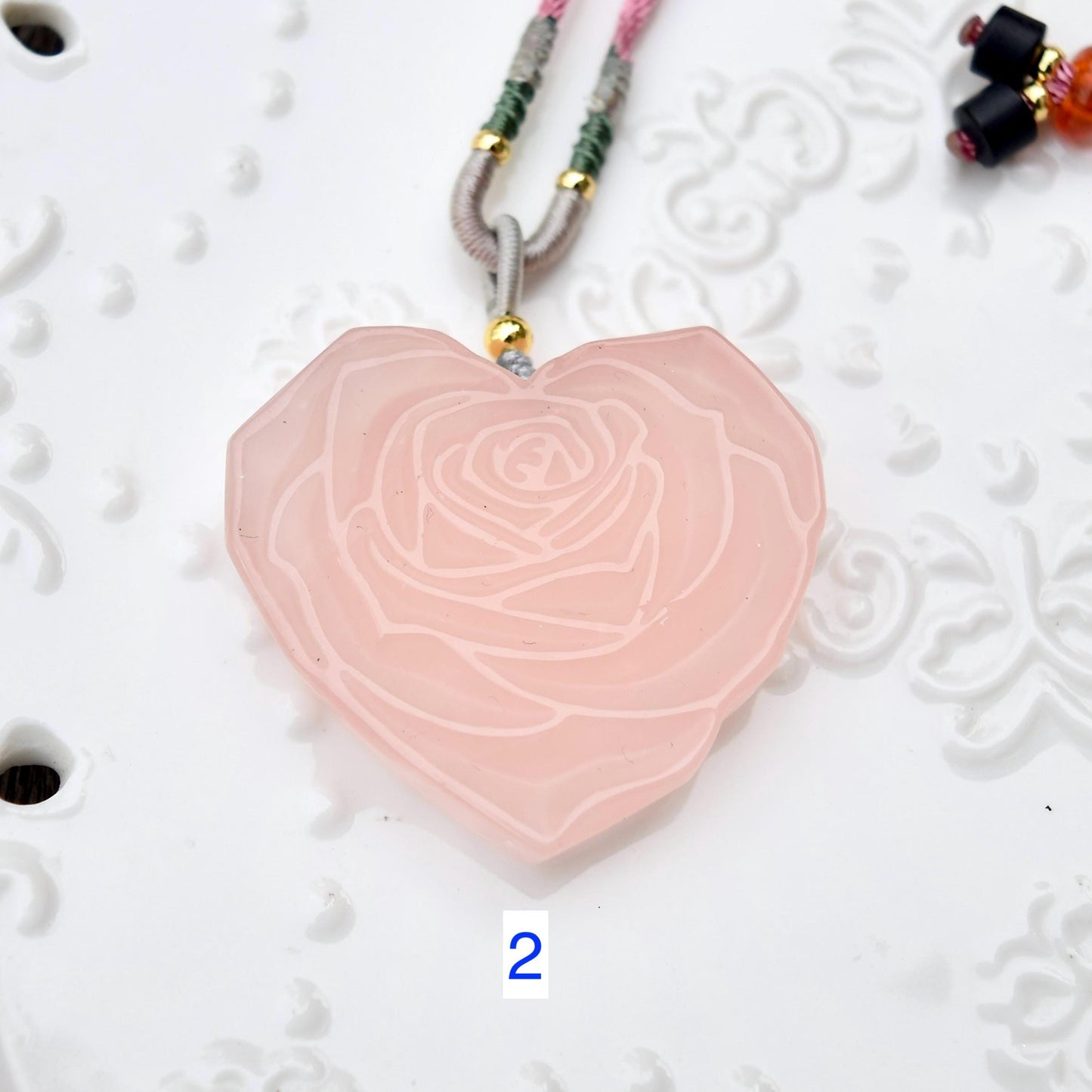 Rose Quartz Heart Rose Pendant Necklace - Jade Cord