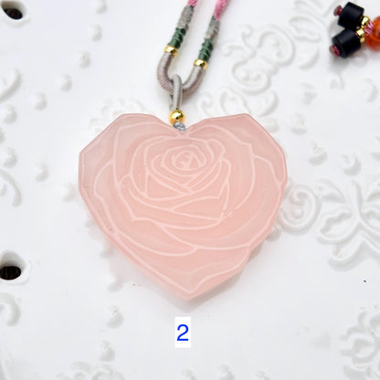 Rose Quartz Heart Rose Pendant Necklace - Jade Cord