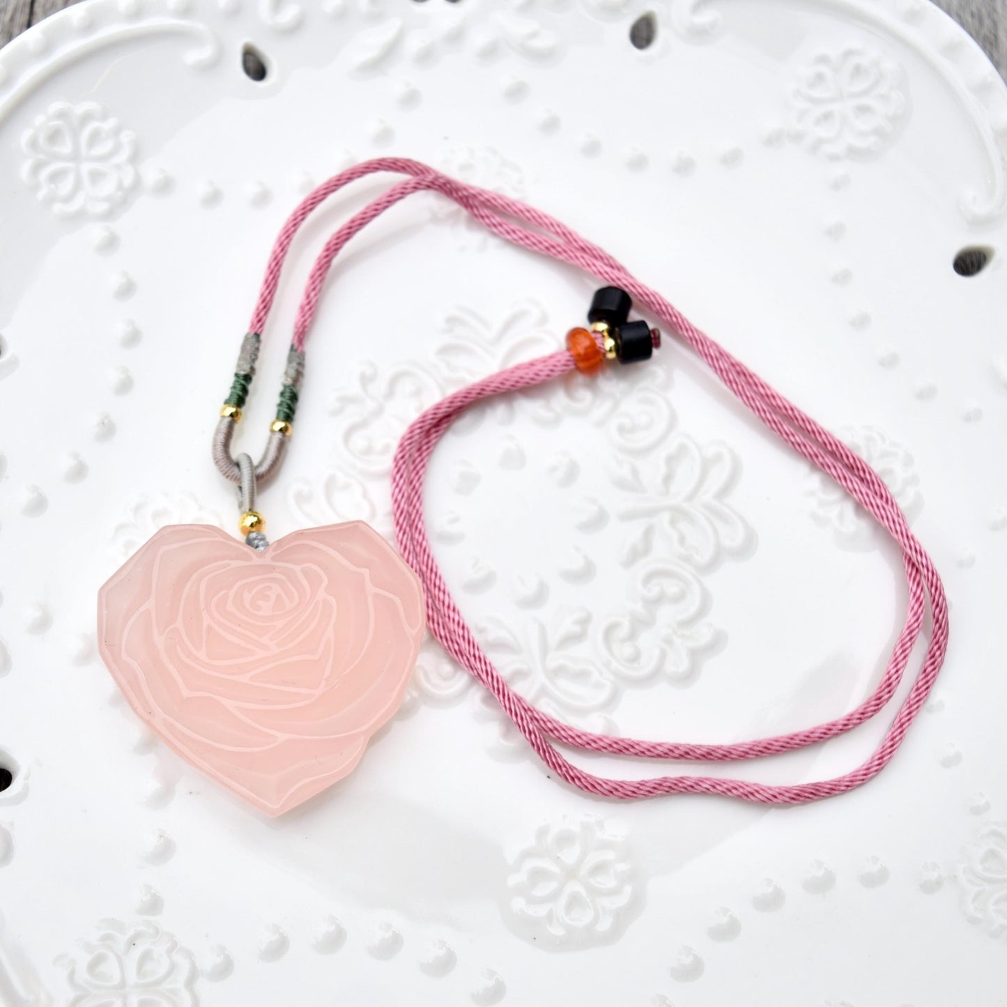 Rose Quartz Heart Rose Pendant Necklace - Jade Cord
