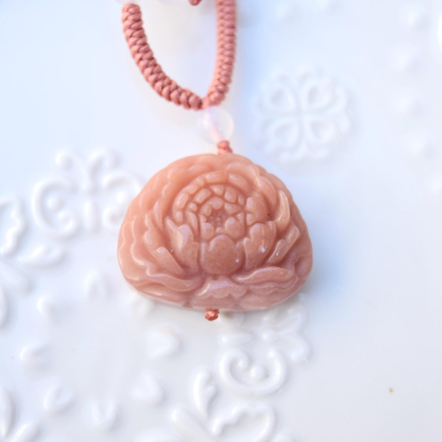 Pink Lotus Peony Pendant Rope Necklace - Aventurine Quartz Jade Pendant