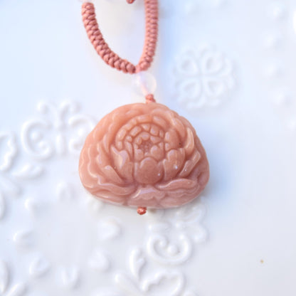 Pink Lotus Peony Pendant Rope Necklace - Aventurine Quartz Jade Pendant
