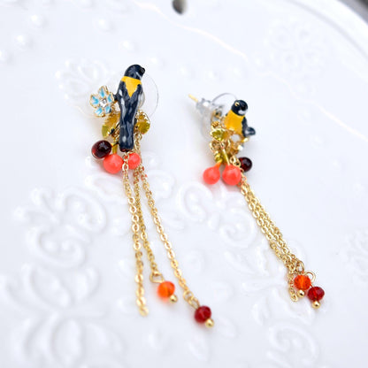 Blue Bird Tassel Earrings - Vintage Style Enamel Earrings