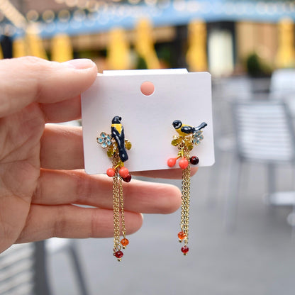 Blue Bird Tassel Earrings - Vintage Style Enamel Earrings