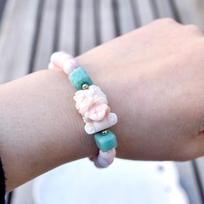 Queen Conch Shell Beaded Bracelet: Lion Charm, Amazonite & Pearl
