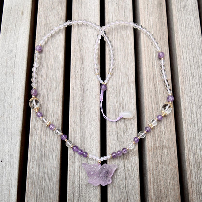 Amethyst Butterfly Pendant Necklace - Clear Quartz Long Necklace