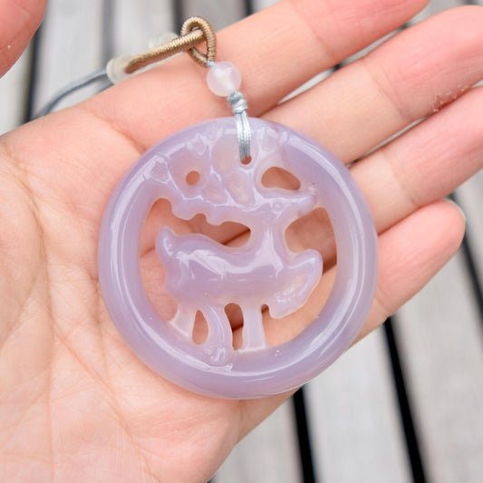 Deer Circle Pendant Rope Necklace - Gray Agate