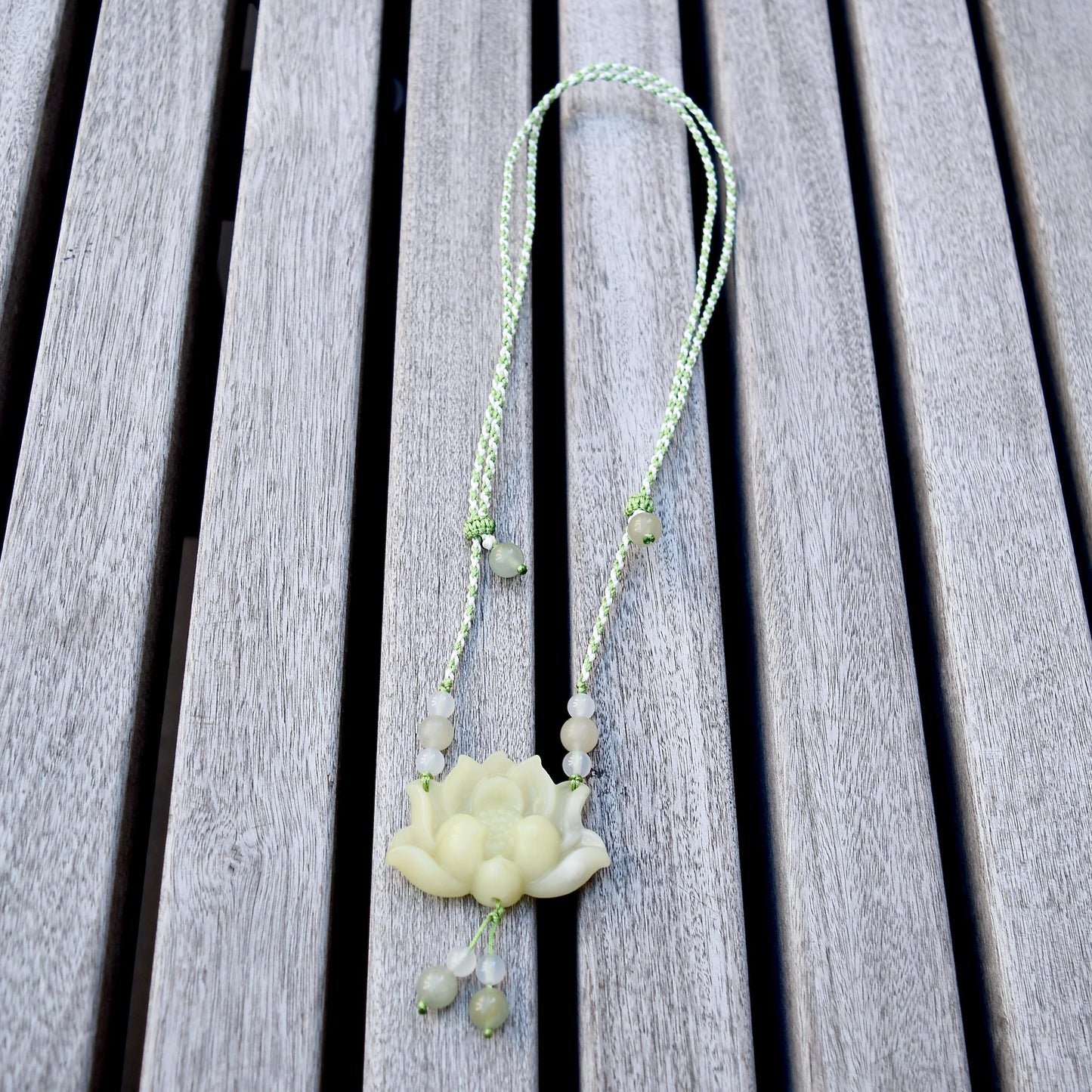 Green Jade Lotus Necklace - Serpentine Jade Adjustable RopeNecklace