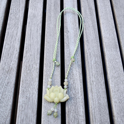 Green Jade Lotus Necklace - Serpentine Jade Adjustable RopeNecklace