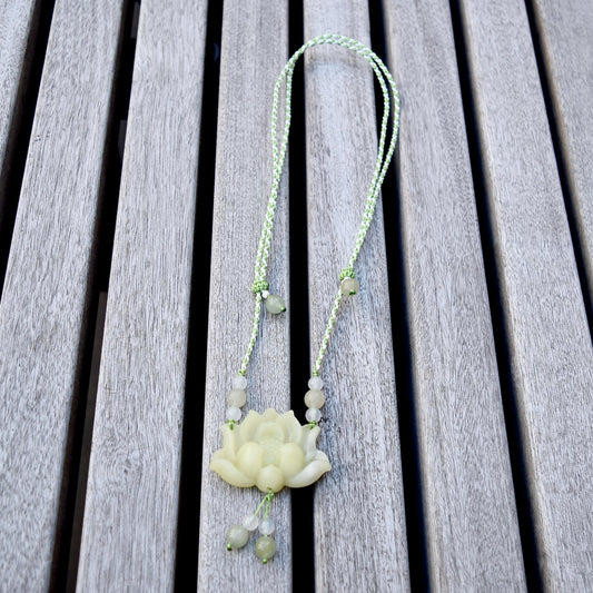 Green Jade Lotus Necklace - Serpentine Jade Adjustable RopeNecklace