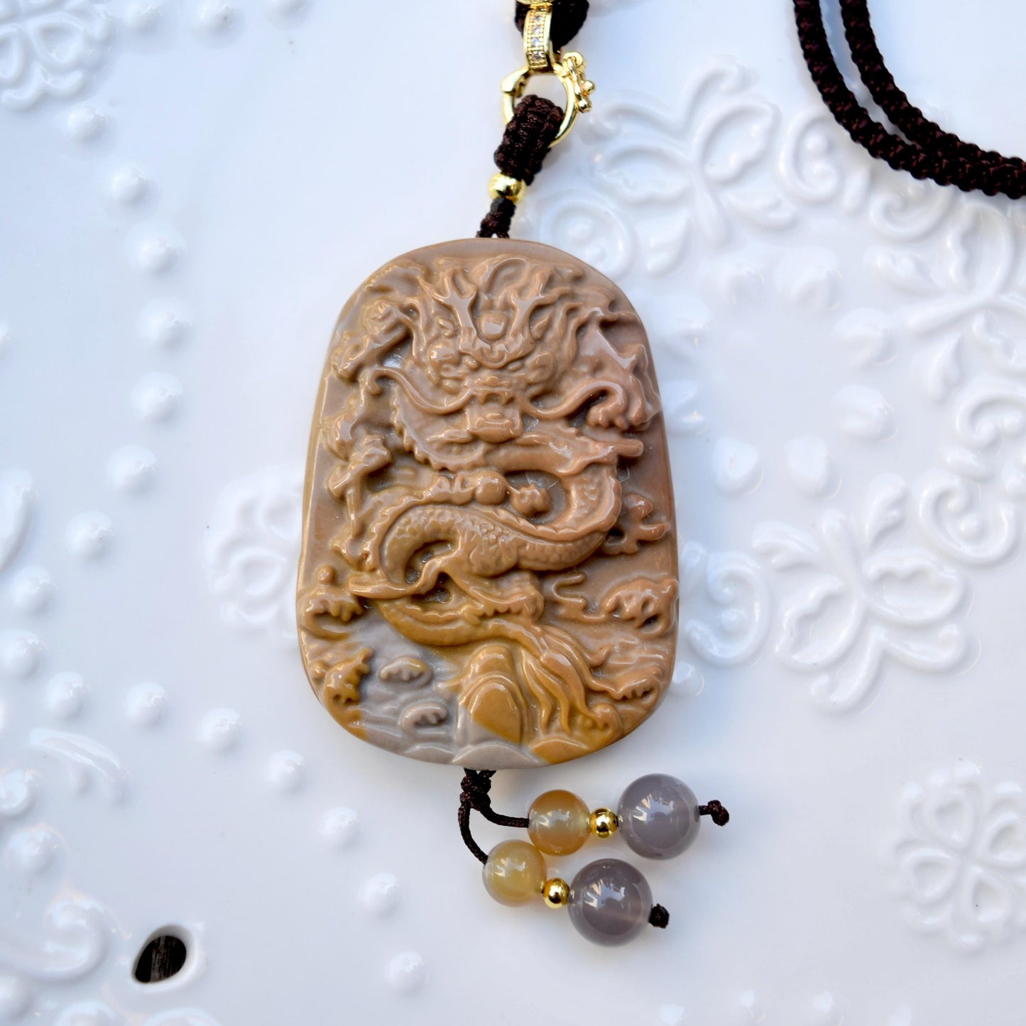 Chinese Zodiac Dragon Necklace - Polychrome Jasper - Adjustable Rope Necklace