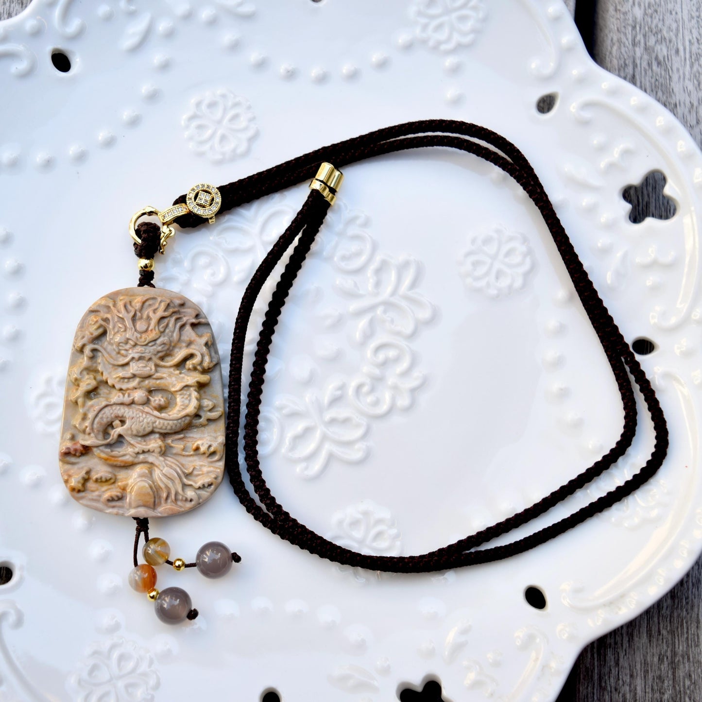 Chinese Zodiac Dragon Necklace - Polychrome Jasper - Adjustable Rope Necklace