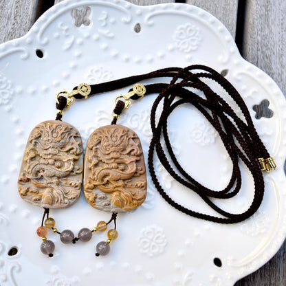 Chinese Zodiac Dragon Necklace - Polychrome Jasper - Adjustable Rope Necklace