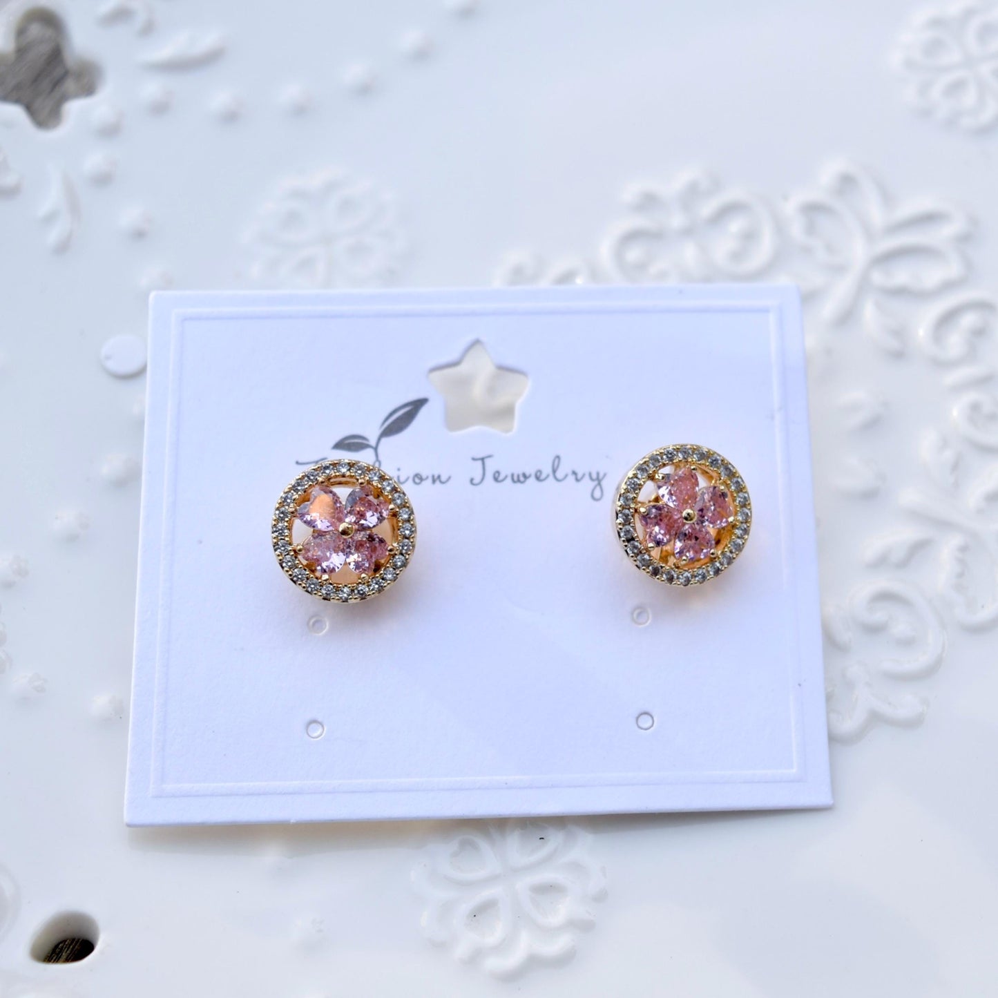 Pink Crystal Clover Stud Earrings