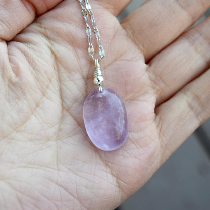 Amethyst Oval Cabochon Pendant Necklace - Silver Tone