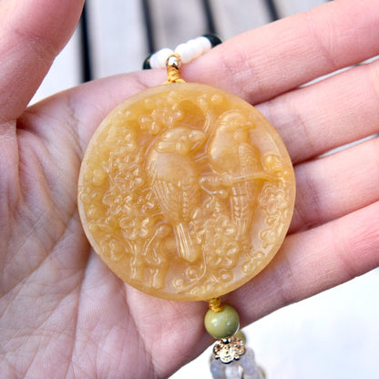 Bird Plum Blossom Pendant Shell Necklace - Yellow Aventurine Quartz Jade