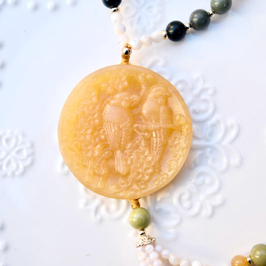 Bird Plum Blossom Pendant Shell Necklace - Yellow Aventurine Quartz Jade