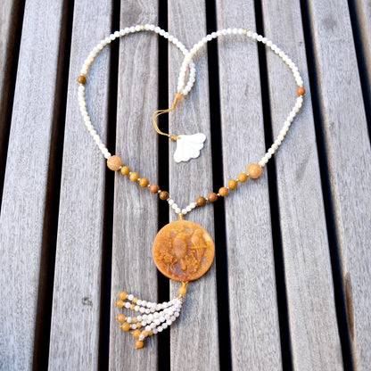 Bird Plum Blossom Pendant Shell Necklace - Yellow Aventurine Quartz Jade