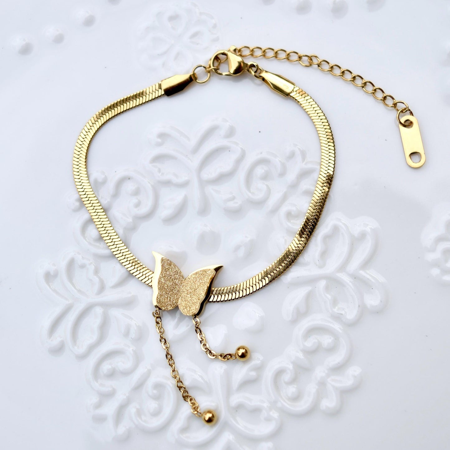 Matte Golden Butterfly Jewelry Set - Stainless Steel Necklace Bracelet