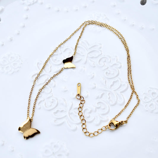 Matte Golden Butterfly Jewelry Set - Stainless Steel Necklace Bracelet