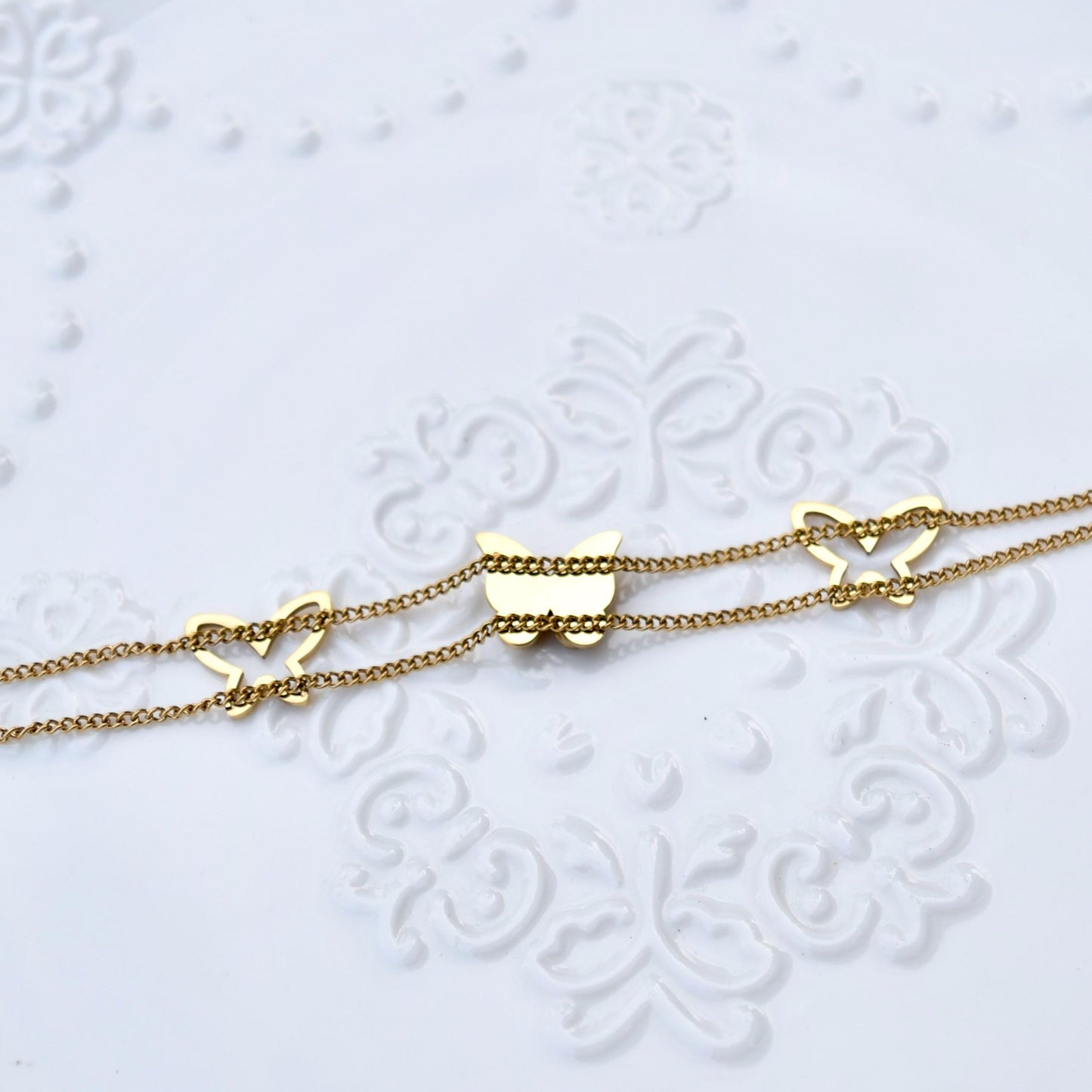 Matte Golden Butterfly Jewelry Set - Stainless Steel Necklace Bracelet