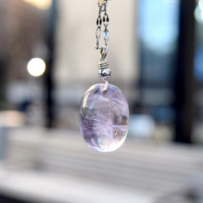 Amethyst Oval Cabochon Pendant Necklace - Silver Tone