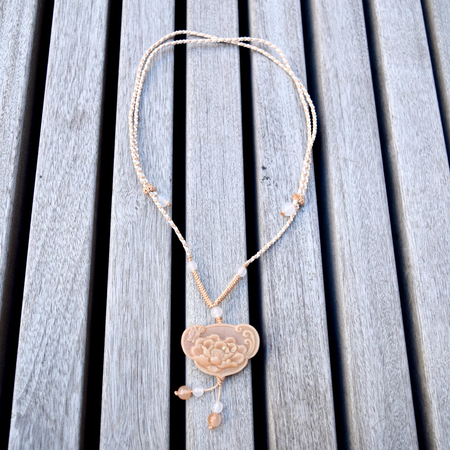 Yellow Peony Lock Pendant Braided Rope Necklace - Quartz Jade