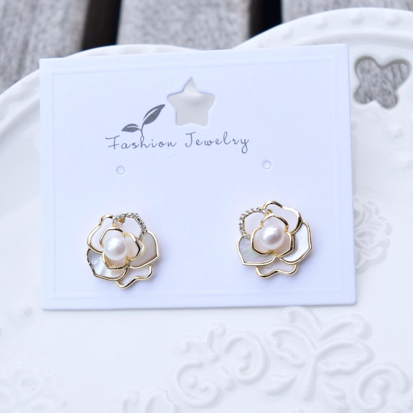 White Camellia Stud Earrings - Freshwater Pearl Earrings