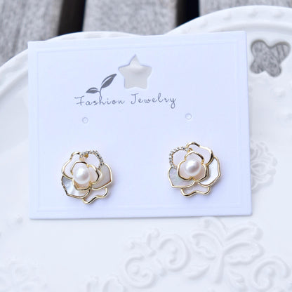 White Camellia Stud Earrings - Freshwater Pearl Earrings