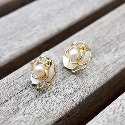 White Camellia Stud Earrings - Freshwater Pearl Earrings
