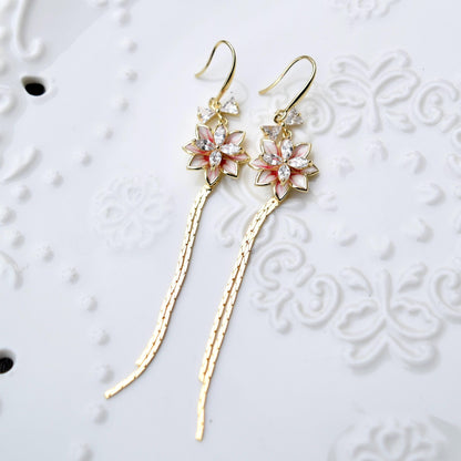 Red Flower Tassel Earrings - Asian Style Enamel Earrings