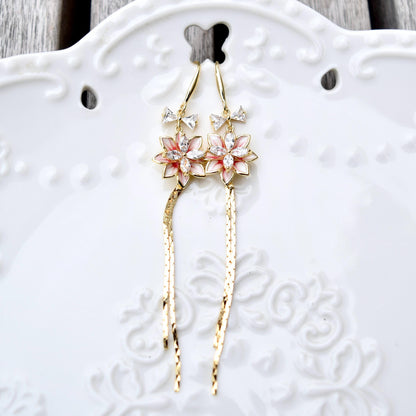 Red Flower Tassel Earrings - Asian Style Enamel Earrings