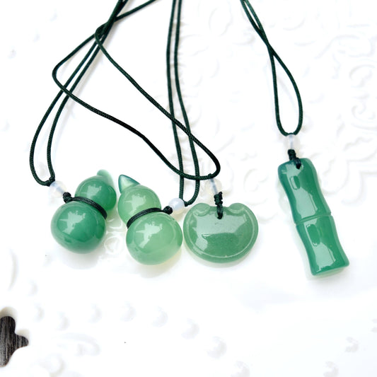 Green Agate Gourd Bamboo Pendant Rope Necklace