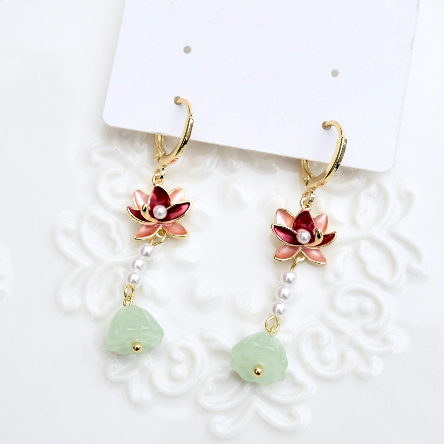Lotus Pearl Dangle Earrings - Asian Style Enamel Earrings