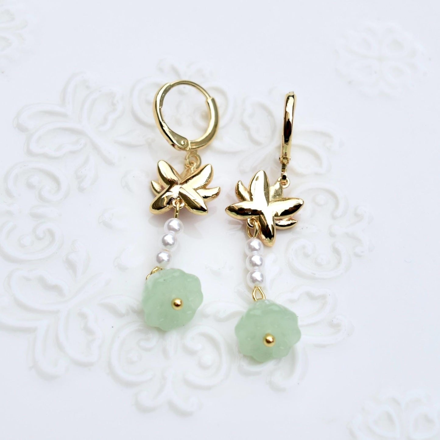 Lotus Pearl Dangle Earrings - Asian Style Enamel Earrings