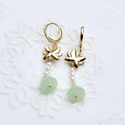 Lotus Pearl Dangle Earrings - Asian Style Enamel Earrings