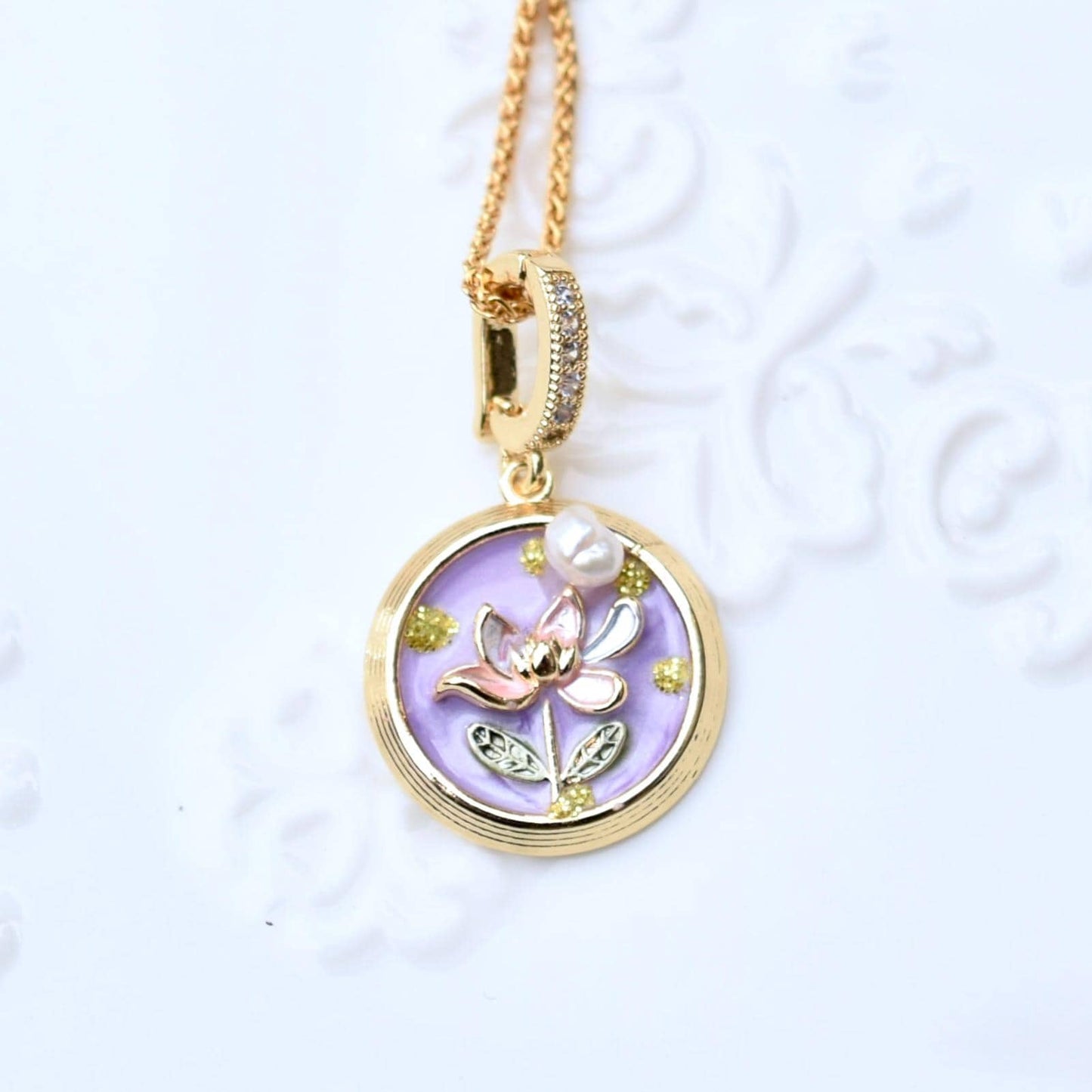 Enamel Pearl Flora Charm Necklace - Vintage Style